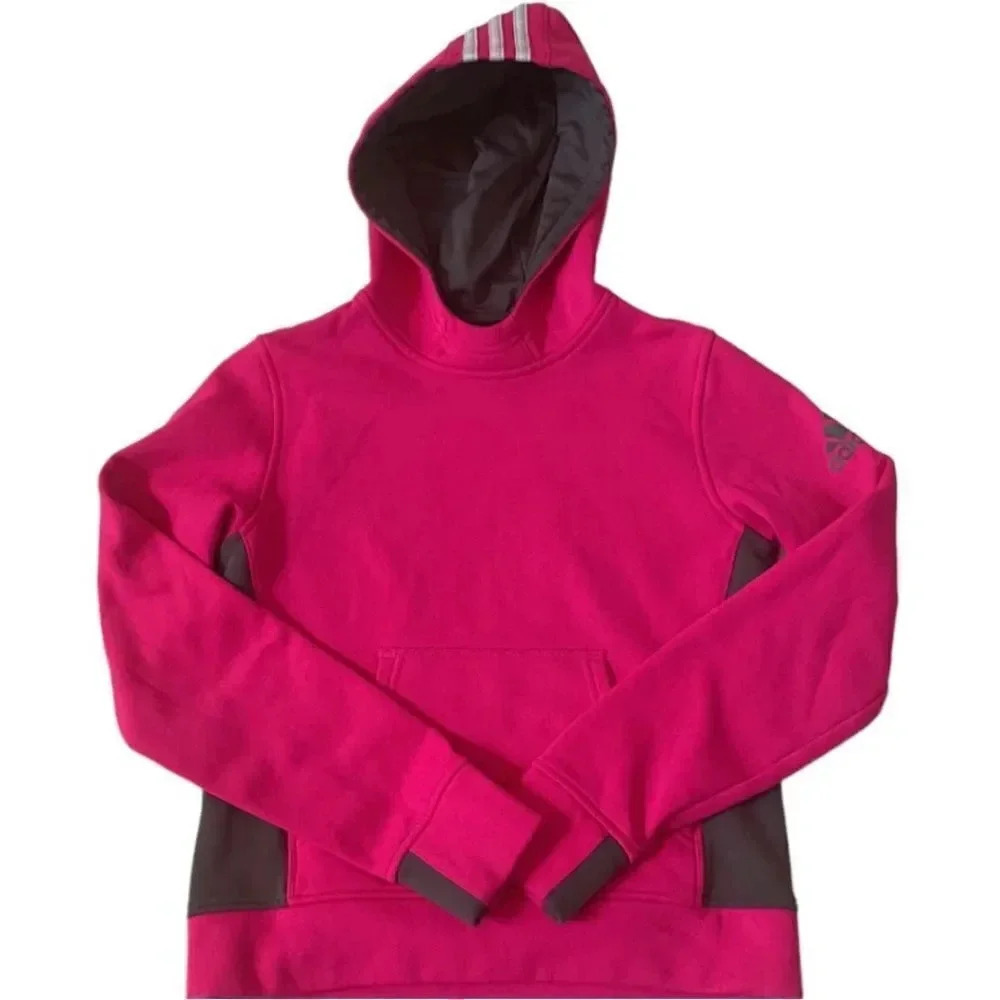 Adidas girls hot pink, gray hoodie. Pulllover, thumb holes. Girls M 10/12